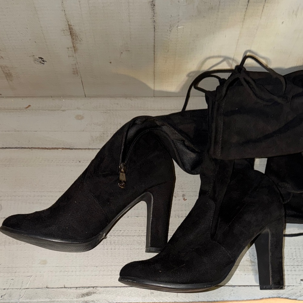 Black Women's High Heel Lace-Up Thigh High Boots